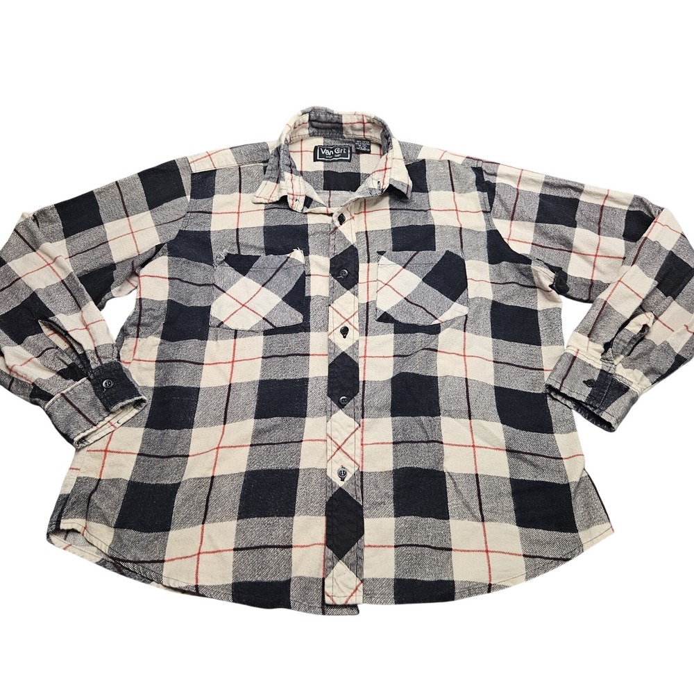 Vintage 90s Van Cort Flannel Shirt Mens XL Black White Red Plaid Button Down